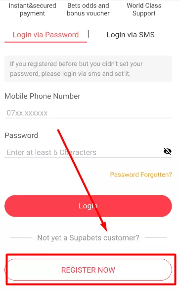Register Now Button on Supabets